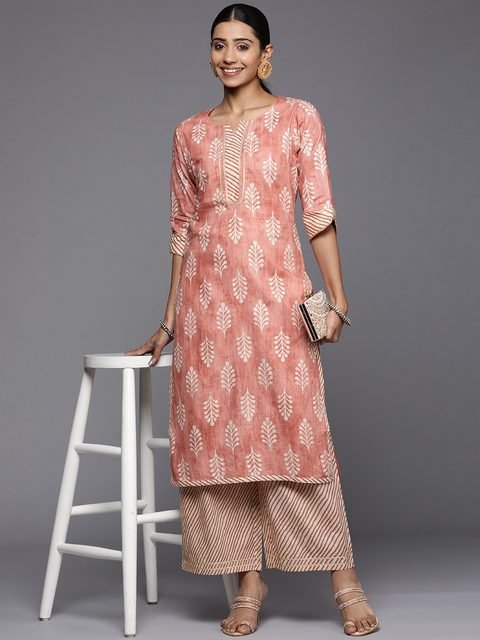 Libas Women Peach Coloured Off White Ethnic Motifs Printed Cotton