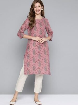 HERE&NOW Women Dusty Pink & Green Ethnic Motifs Print Kurta