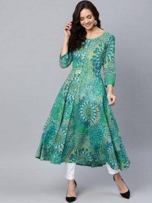 Jompers Women Green & Blue Printed A-Line Kurta