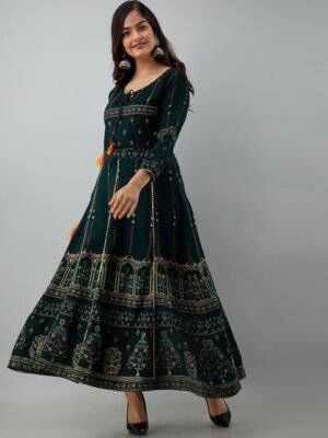 KALINI Women Green & Yellow Ethnic Motifs Printed Thread Work Anarkali Kurta