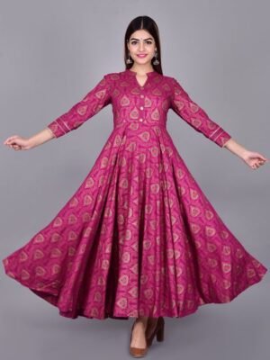 KALINI Women Magenta & Golden Ethnic Motifs Printed Anarkali Kurta