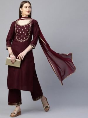 KALINI Women Maroon Embroidered Gotta Patti Kurta with Palazzos & With Dupatta