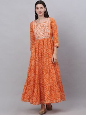 KALINI Women Orange Ethnic Motifs Printed Cotton Anarkali Kurta