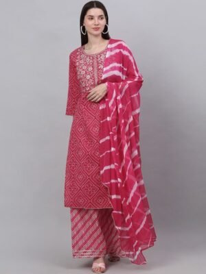 KALINI Women Pink Bandhani Printed Thread Work Kurta with Palazzos & With Dupatta