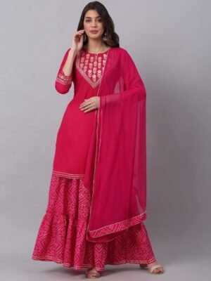 KALINI Women Pink Floral Embroidered Layered Gotta Patti Kurti with Sharara & With Dupatta