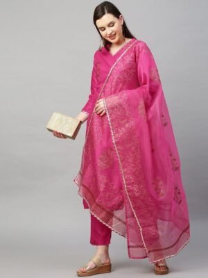 KALINI Women Pink Floral Printed Kurta with Trousers & With Dupatta