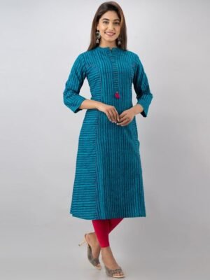 KALINI Women Turquoise Blue & Pink Striped Cotton A-line Kurta