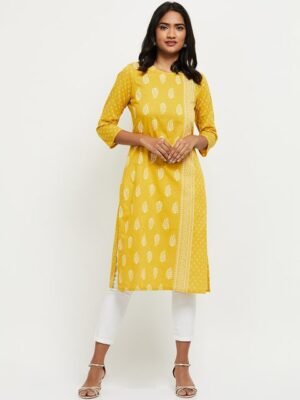 max Women Mustard Yellow & White Ethnic Motifs Printed Kurta