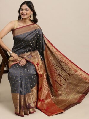 Mitera Grey & Gold-Toned Woven Design Zari Silk Cotton Banarasi Saree