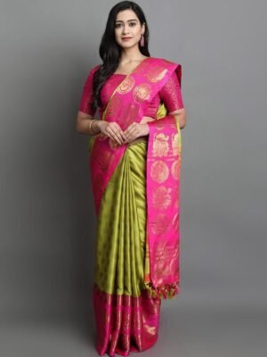 Mitera Lime Green & Pink Ethnic Motifs Zari Silk Cotton Saree