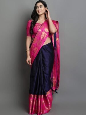 Mitera Navy Blue & Fuchsia Woven Design Zari Silk Cotton Saree