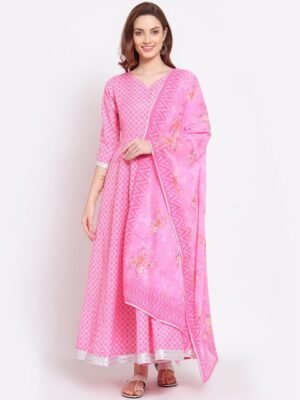 Myshka Women Pink Geometric Printed Anarkali Kurta