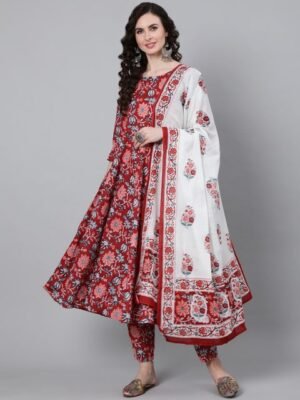 Nayo Women Red Floral Printed Kurta With Trouser & Dupatta