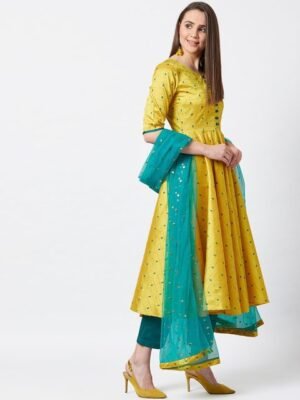 PANIT Women Yellow Pleated Thread Work Kurta with Palazzos & With Dupatta