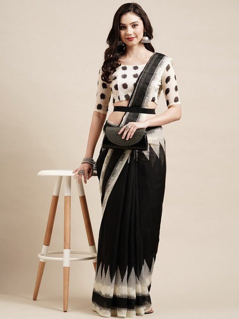 Black White Hand Block Printed in Cotton Mul Saree - S031701951 – InduBindu