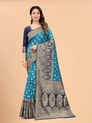 SATYAM WEAVES Blue & Gold-Toned Woven Design Silk Cotton Banarasi Saree