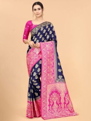 SATYAM WEAVES Blue & Pink Ethnic Motifs Zari Silk Cotton Banarasi Saree