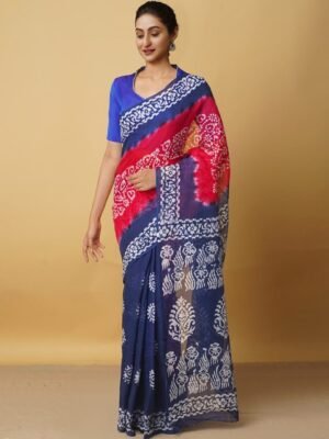 Unnati Silks Pink & Navy Blue Batik Pure Cotton Kota Saree