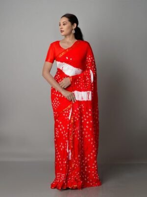 Unnati Silks Red & White Bandhani Zari Silk Blend Bandhani Saree