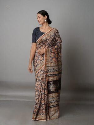 Unnati Silks White & Black Kalamkari Zari Silk Cotton Chanderi Saree