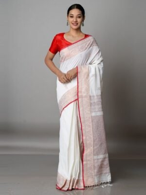 Unnati Silks White & Copper-Toned Woven Design Zari Jamdani Saree