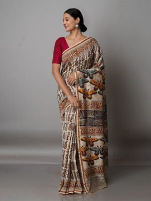 Unnati Silks White & Gold-Toned Kalamkari Zari Silk Cotton Chanderi Saree