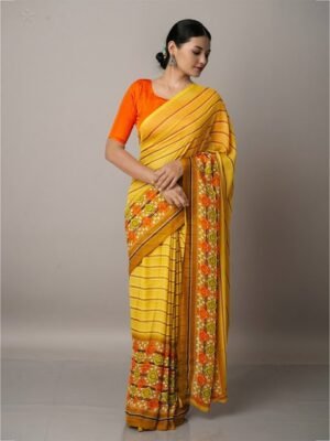 Unnati Silks Yellow & Brown Striped Block Print Saree