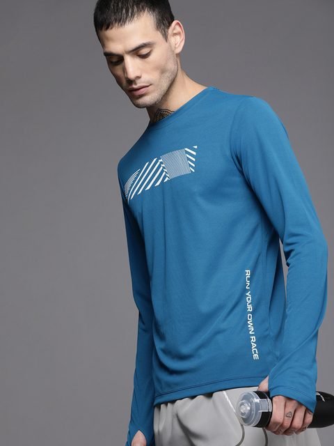 Wrogn Active Men Teal Blue Printed Slim Fit T Shirt