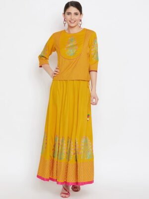 Bitterlime Women Mustard Yellow Self Design Top with Skirt