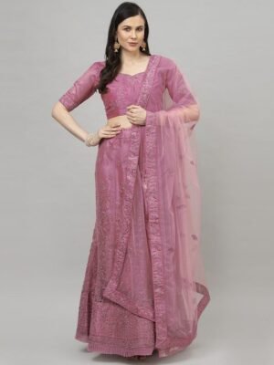 DIVASTRI Women Pink & Silver Coloured Embroidered Semi Stitched Lehenga & Unstitched Choli with Dupatta