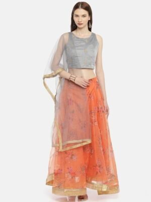 IMARA Grey & Orange Woven Design Ready to Wear Lehenga & Blouse with Dupatta