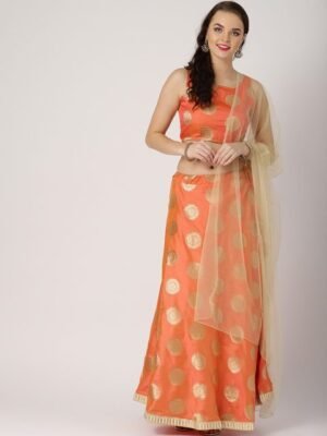 IMARA Orange & Golden Woven Design Ready to Wear Lehenga & Blouse with Dupatta