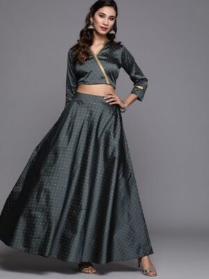 Inddus Women Charcoal Grey & Golden Woven Design Top with Skirt