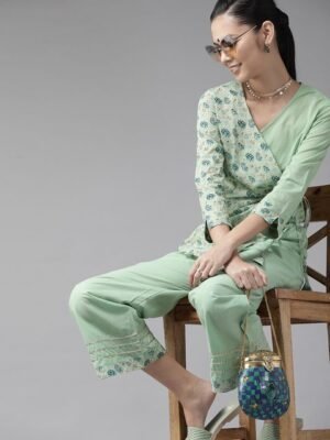 Indo Era Women Green & Blue Printed Top with Palazzos