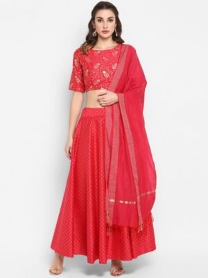 Janasya Red & Gold-Coloured Printed Ready to Wear Lehenga & Blouse with Dupatta