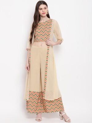 Janasya Women Cream-Coloured Printed Top with Palazzos & Jacket