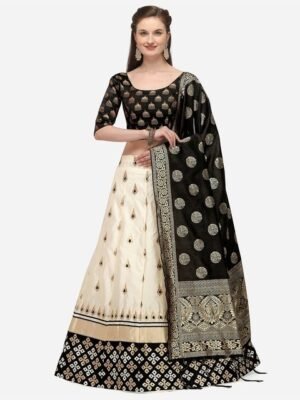 JATRIQQ Cream-Coloured & Black Woven Design Semi-Stitched Lehenga & Unstitched Blouse with Dupatta