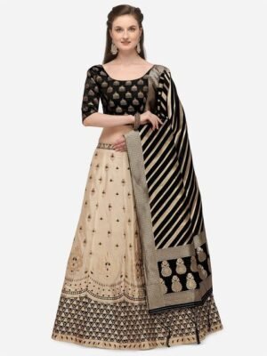 JATRIQQ Cream-Coloured & Black Woven Design Semi-Stitched Lehenga Choli