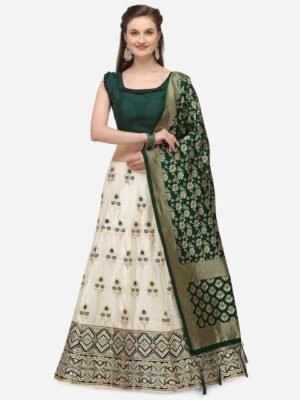 JATRIQQ Cream-Coloured & Green Woven Design Semi-Stitched Lehenga Choli