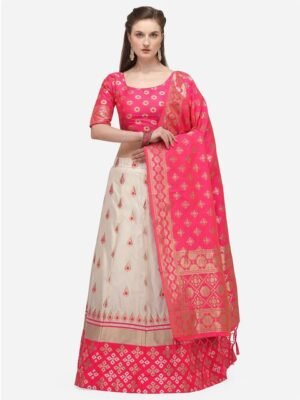 JATRIQQ Cream-Coloured & Pink Woven Design Semi-Stitched Lehenga & Unstitched Blouse with Dupatta