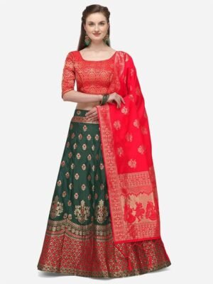 JATRIQQ Green & Red Woven Design Semi-Stitched Lehenga & Unstitched Blouse with Dupatta