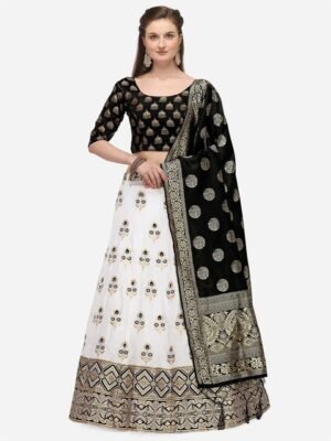 JATRIQQ White & Black Woven Design Semi-Stitched Lehenga & Unstitched Blouse with Dupatta