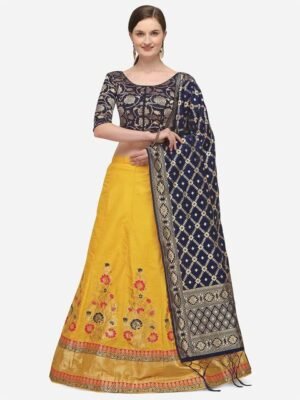 JATRIQQ Yellow & Blue Woven Design Semi-Stitched Lehenga & Unstitched Blouse with Dupatta