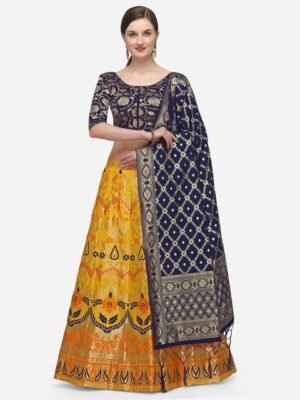 JATRIQQ Yellow & Navy Blue Woven Design Semi-Stitched Lehenga & Unstitched Blouse with Dupatta