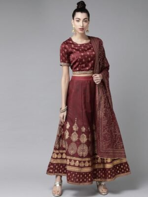 Juniper Brown & Gold-Toned Printed Ready to Wear Lehenga & Blouse with Dupatta