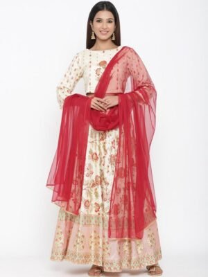 Juniper Cream & Red Embellished Ready to Wear Lehenga & Blouse with Dupatta