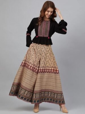 Juniper Women Black & Beige Cambric Embroidered Top with Palazzos