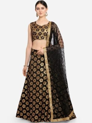 VRSALES Black & Gold-Toned Woven Design Semi-Stitched Lehenga & Unstitched Blouse with Dupatta