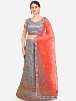 VRSALES Grey & Red Embroidered Semi-Stitched Lehenga & Unstitched Blouse with Dupatta