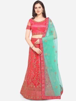 VRSALES Pink & Sea Green Embroidered Semi-Stitched Lehenga & Unstitched Blouse with Dupatta